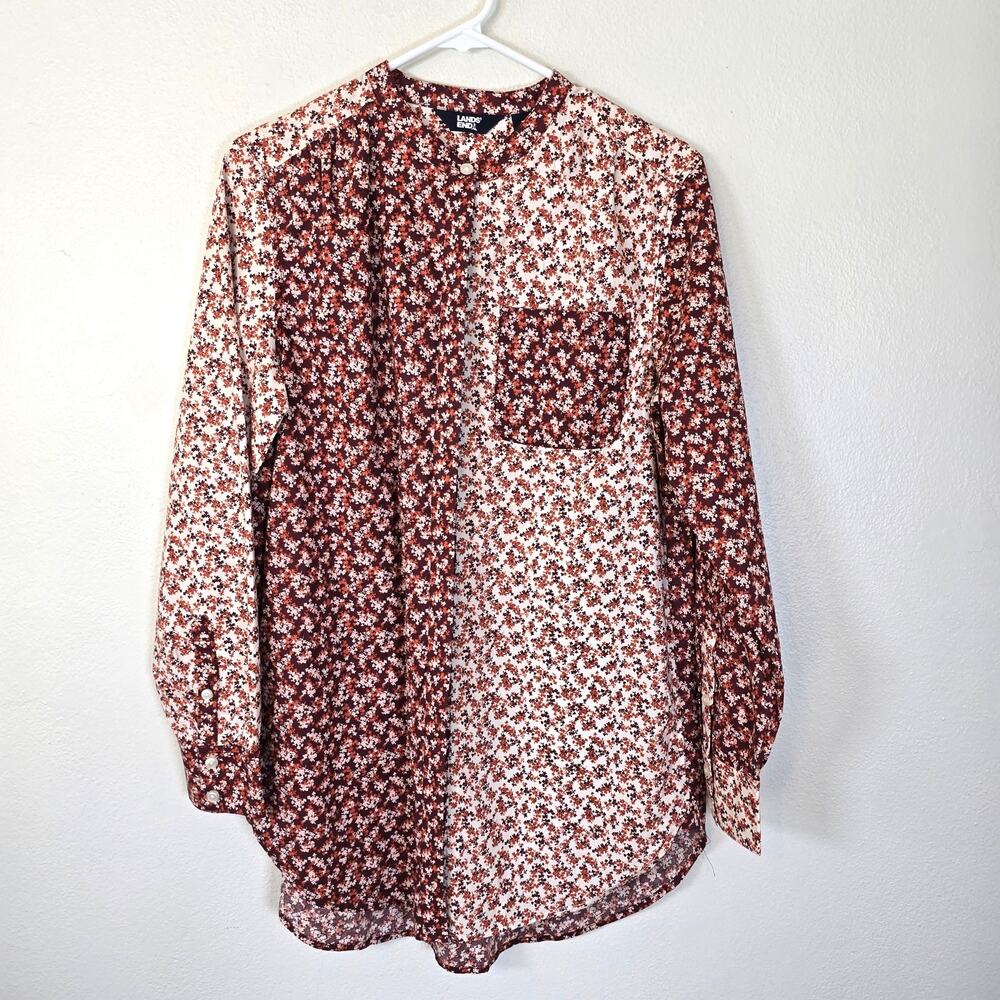 Lands' End A-Line Tunic Shirt Women's S Orange Rust Contrast Floral Cottagecore